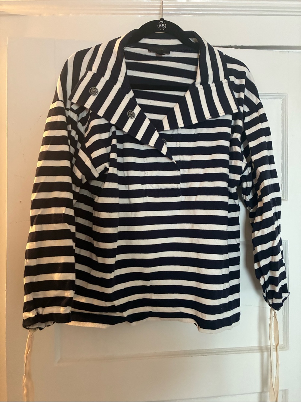 J. Crew Navy & White Striped Funnel Collar Sweatshirt with Sleeve Bows - Picture 6 of 9